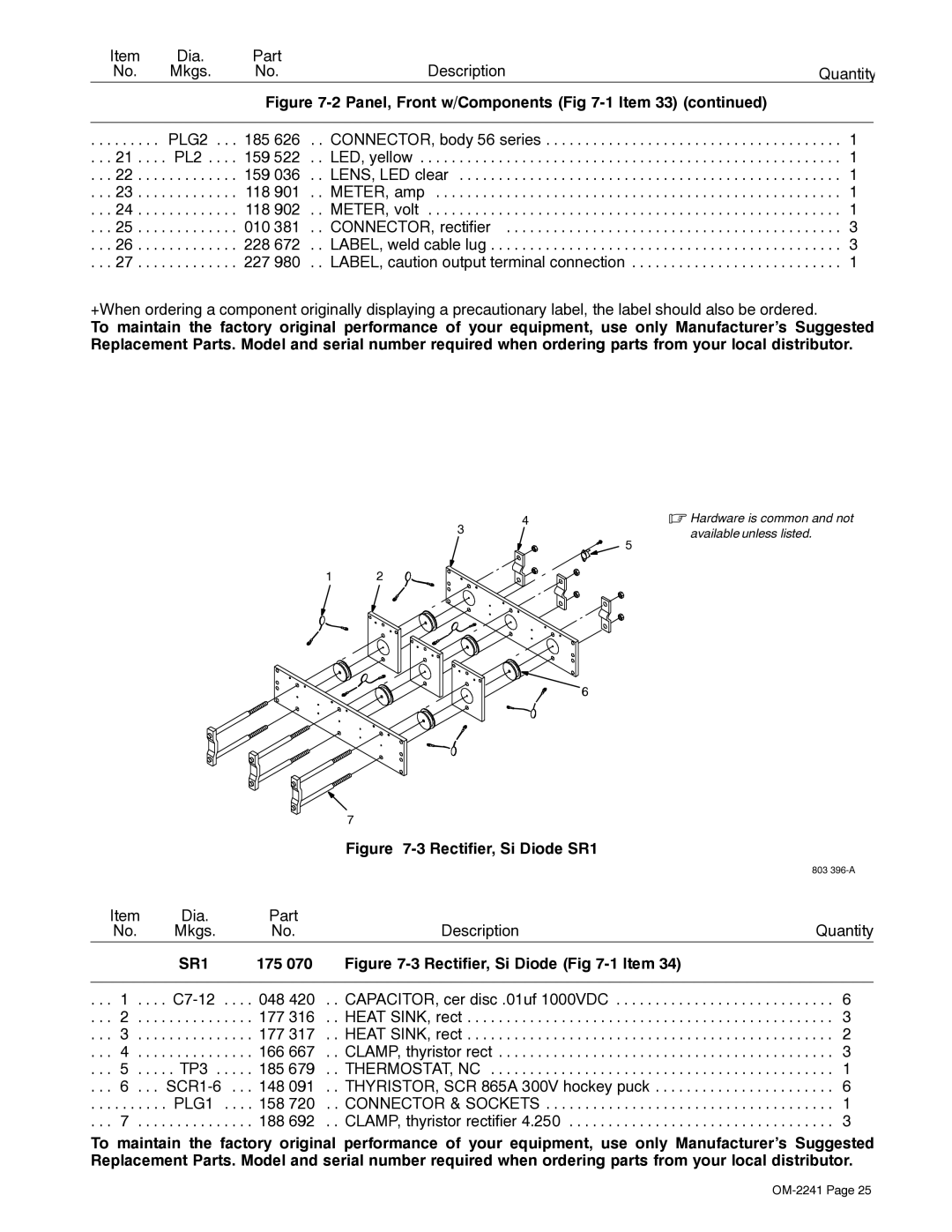 Miller Electric Delta-Fab manual Rectifier, Si Diode SR1, 175 