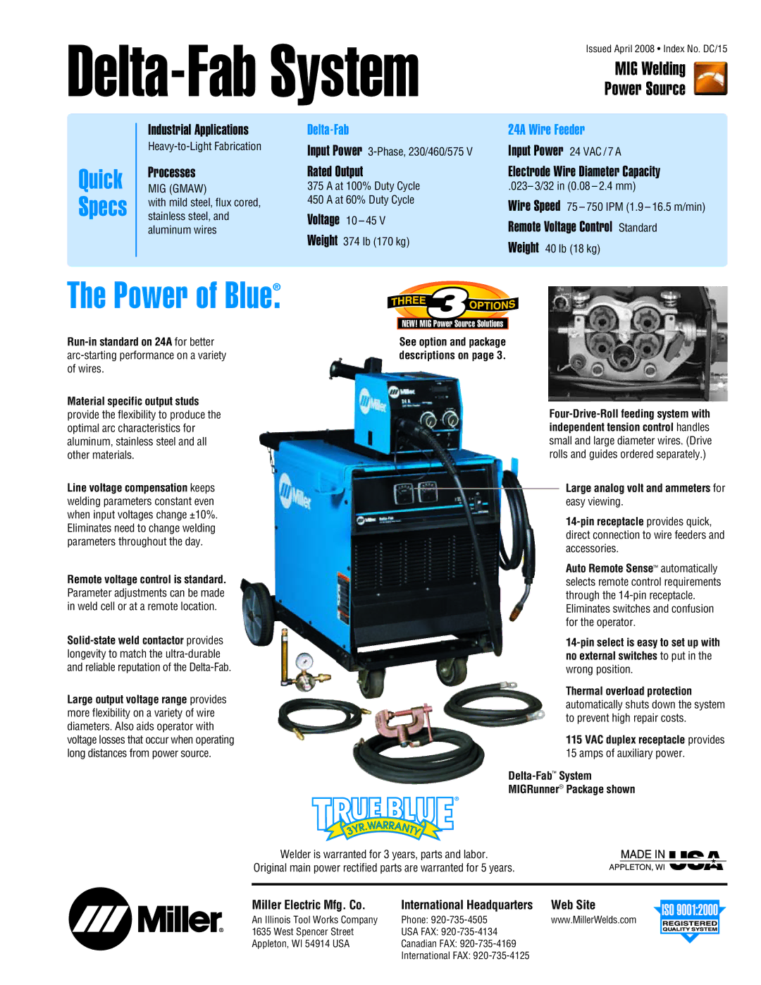 Miller Electric Deltaweld Series manual MIG Welding Power Source, Delta-Fab, 24A Wire Feeder, Miller Electric Mfg. Co 