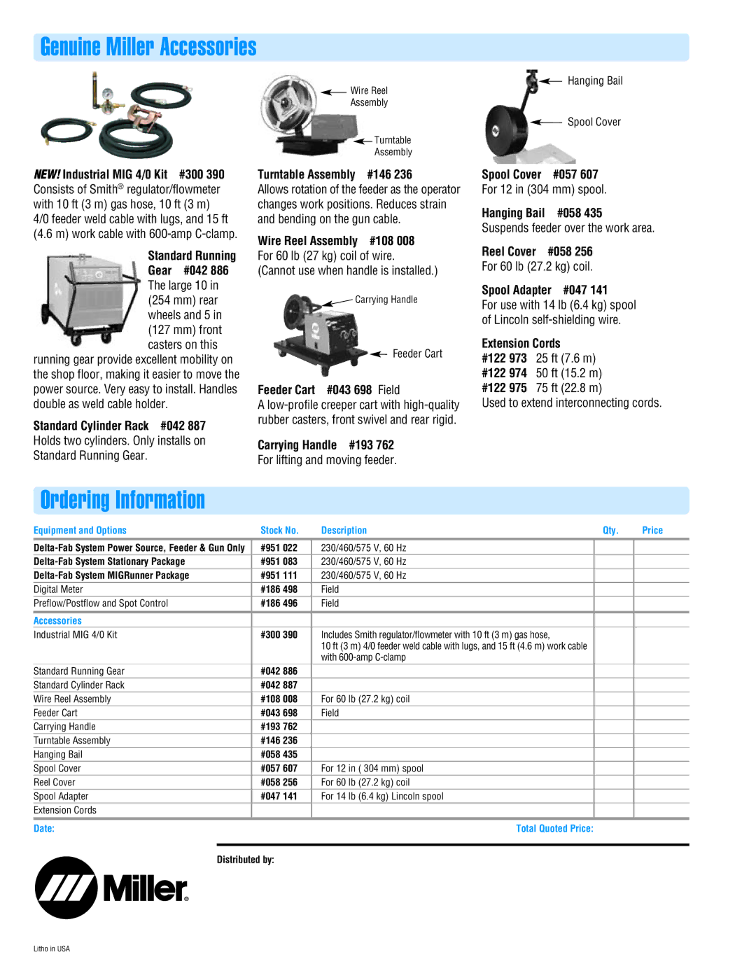 Miller Electric Deltaweld Series manual Genuine Miller Accessories, Ordering Information 