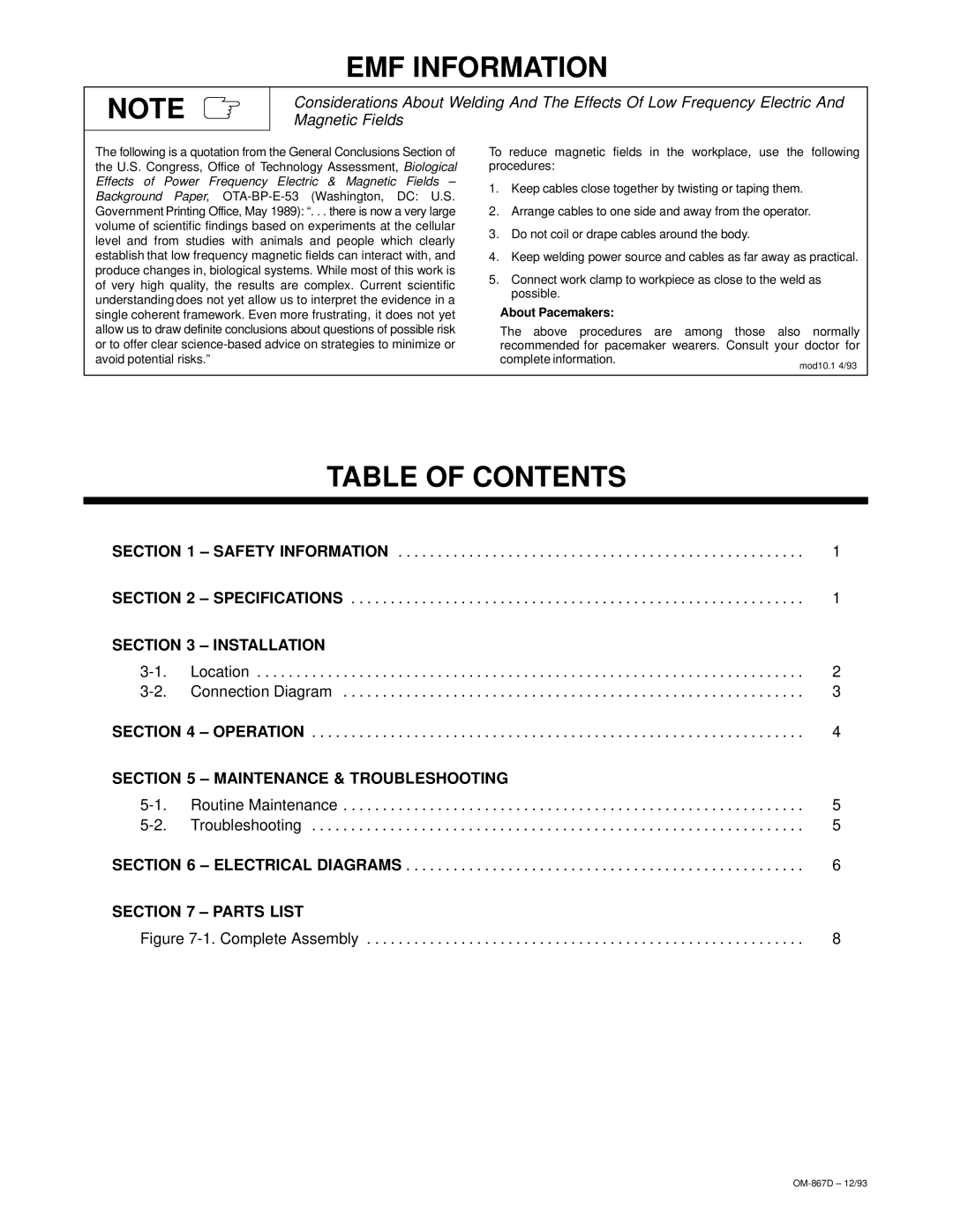 Miller Electric Digi-Meter RMS (AC-DC) owner manual EMF Information, Table of Contents 