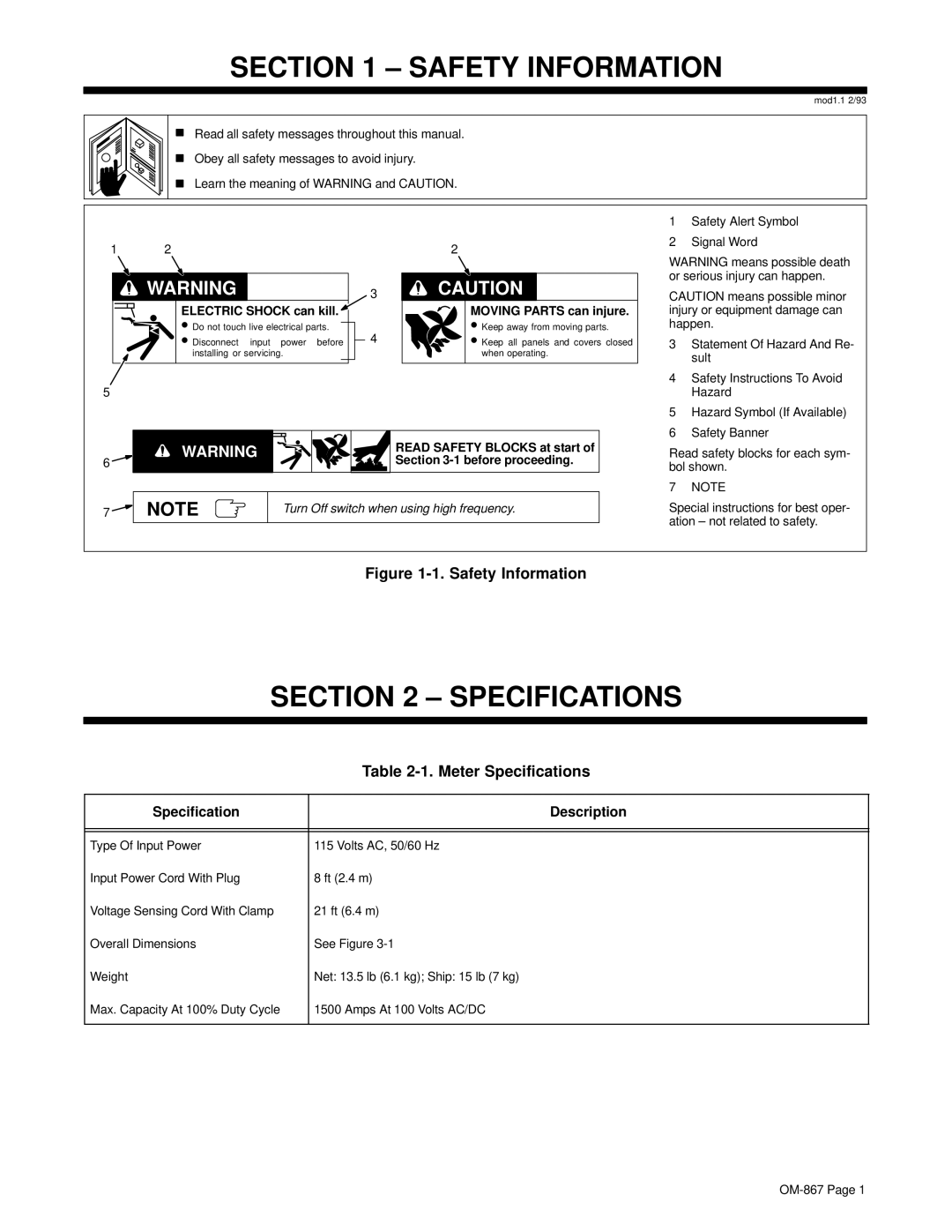 Miller Electric Digi-Meter RMS (AC-DC) owner manual Safety Information, Meter Specifications, Specification Description 