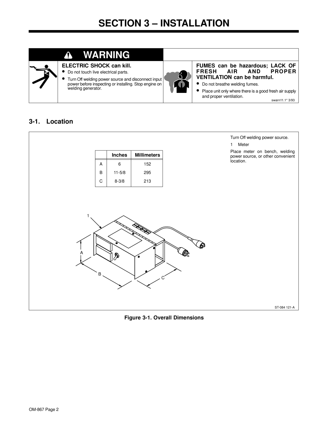 Miller Electric Digi-Meter RMS (AC-DC) owner manual Installation, Electric Shock can kill Fumes can be hazardous Lack 