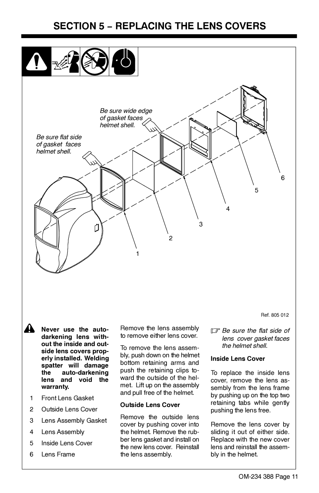 Miller Electric Digital Elitet manual Replacing the Lens Covers, Outside Lens Cover, Inside Lens Cover 