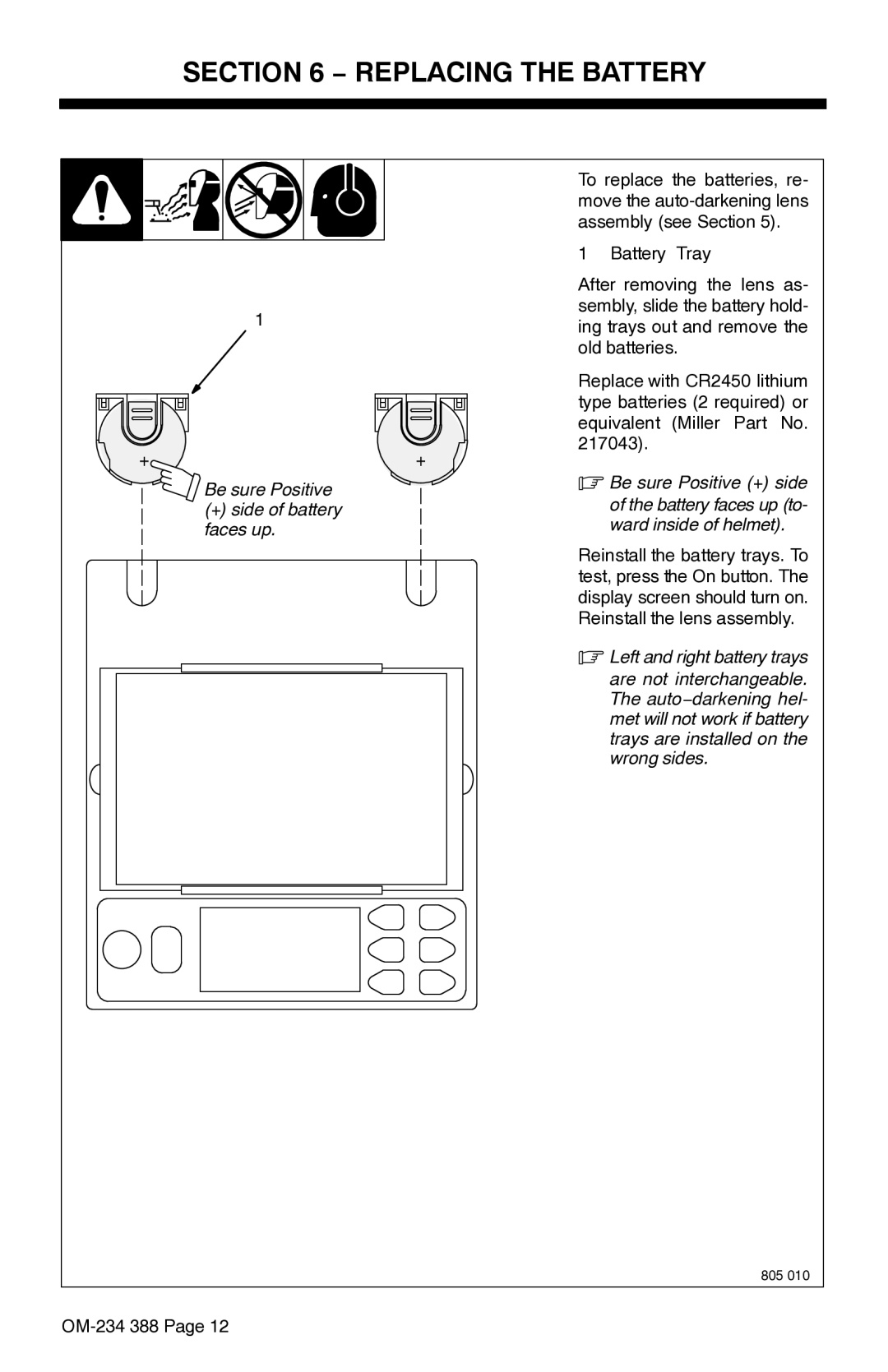 Miller Electric Digital Elitet manual Replacing the Battery 