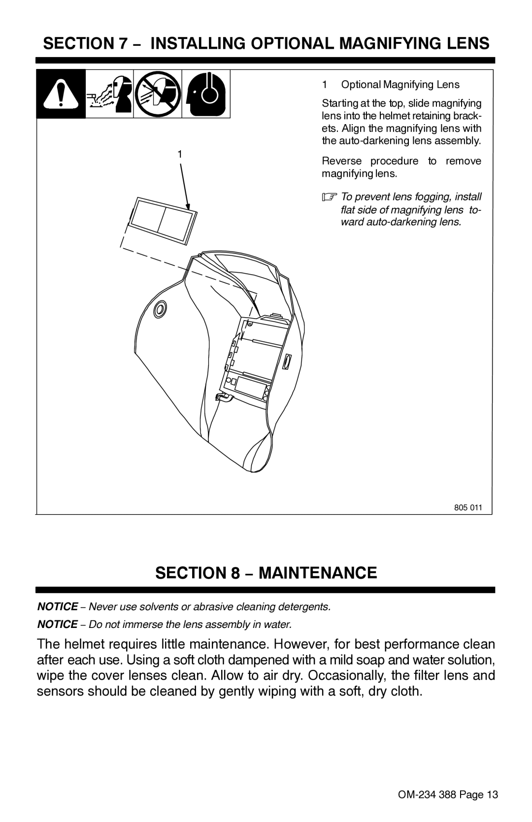 Miller Electric Digital Elitet manual Installing Optional Magnifying Lens, Maintenance, To prevent lens fogging, install 