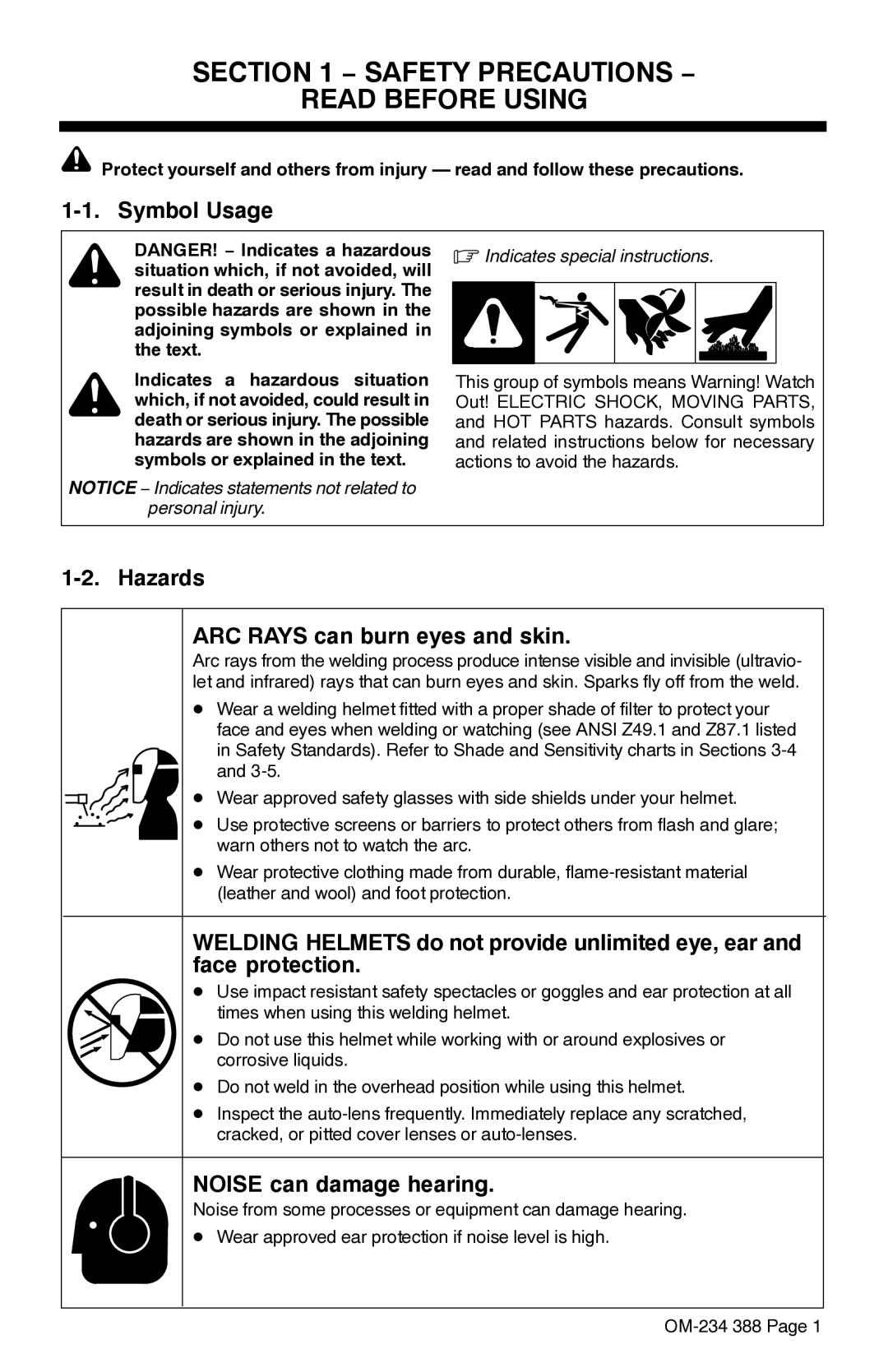 Miller Electric Digital Elitet manual Safety Precautions − Read Before Using, Symbol Usage, Noise can damage hearing 