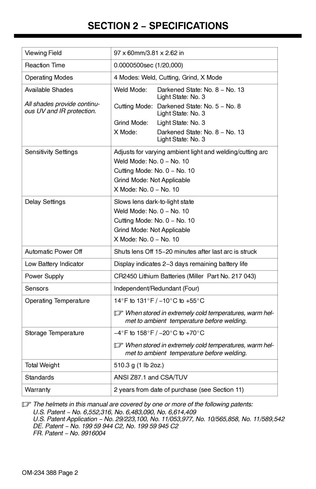 Miller Electric Digital Elitet manual Specifications, All shades provide continu, Ous UV and IR protection 