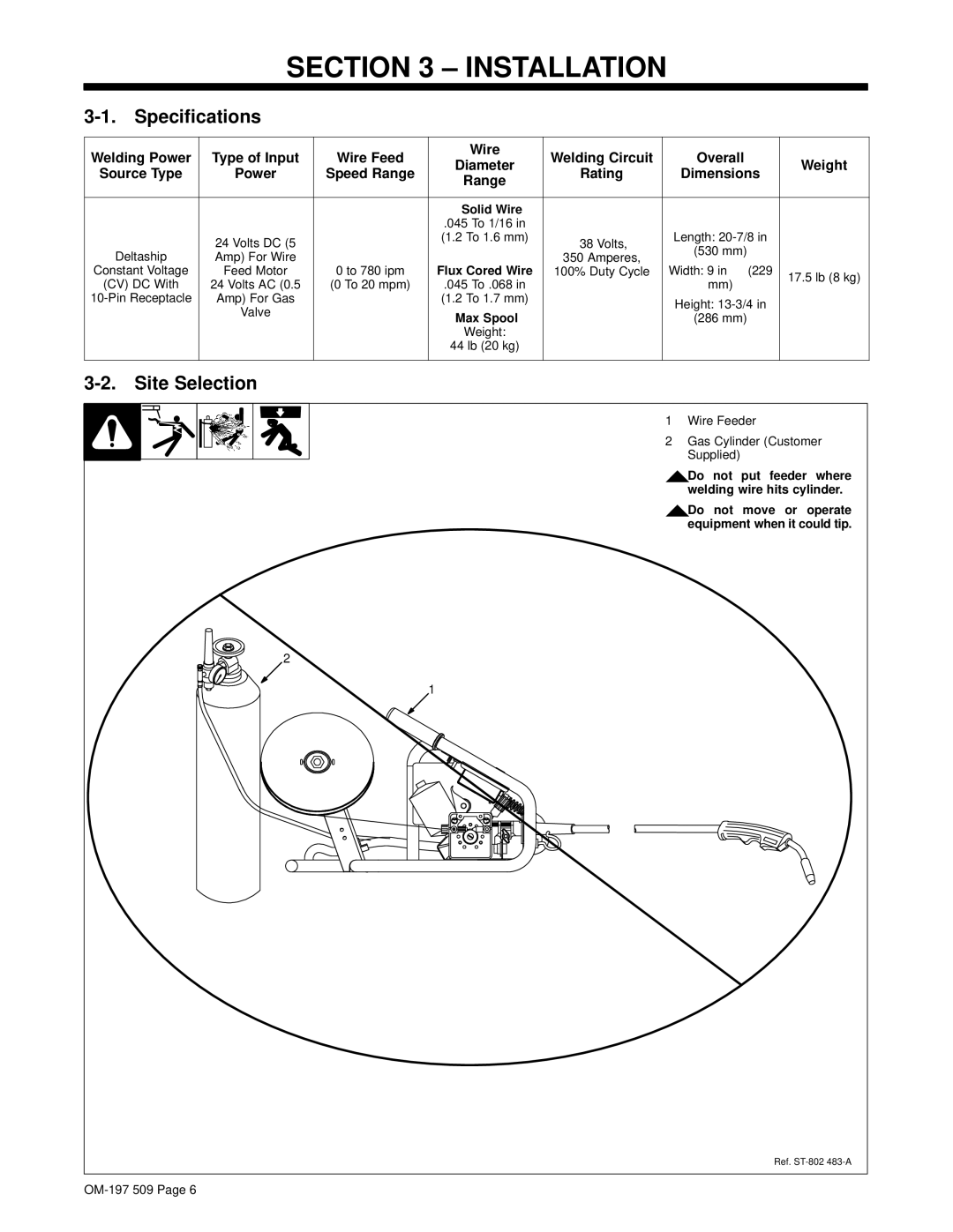 Miller Electric DS-2 manual Installation, Specifications, Site Selection 