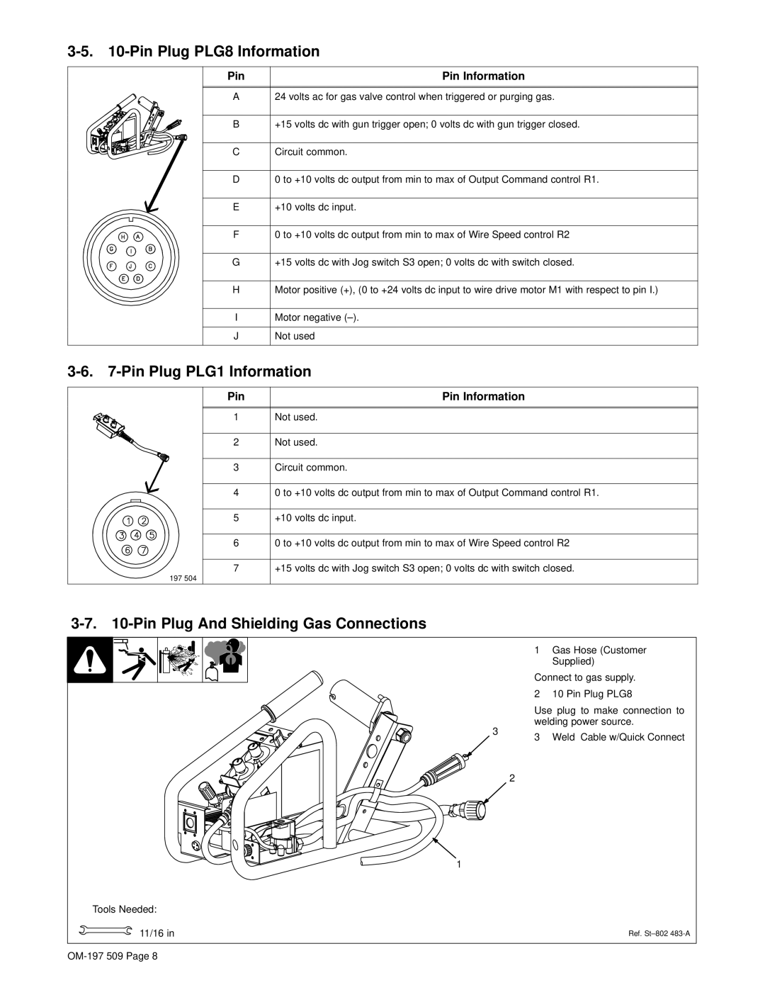 Miller Electric DS-2 manual Pin Plug PLG8 Information, Pin Plug PLG1 Information, Pin Plug And Shielding Gas Connections 