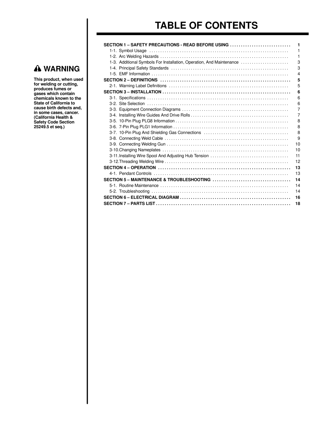 Miller Electric DS-2 manual Table of Contents 