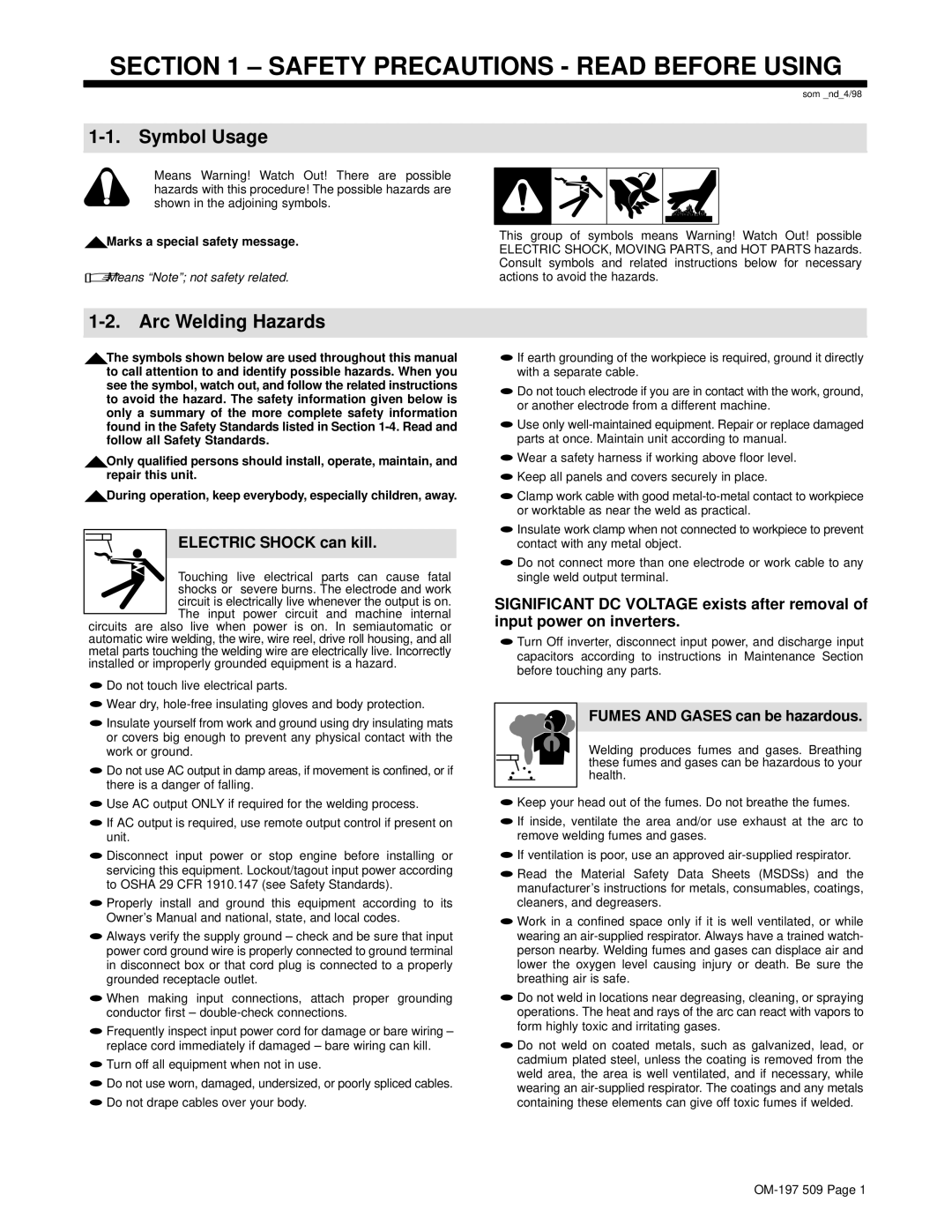 Miller Electric DS-2 manual Symbol Usage, Arc Welding Hazards, YMarks a special safety message 