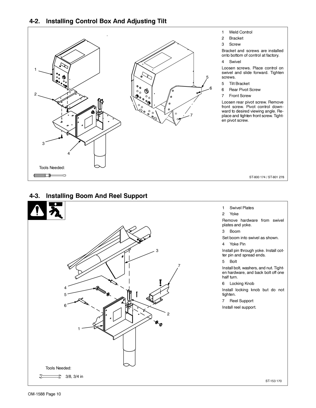 Miller Electric DS-64M Swingarc manual Installing Control Box And Adjusting Tilt, Installing Boom And Reel Support 