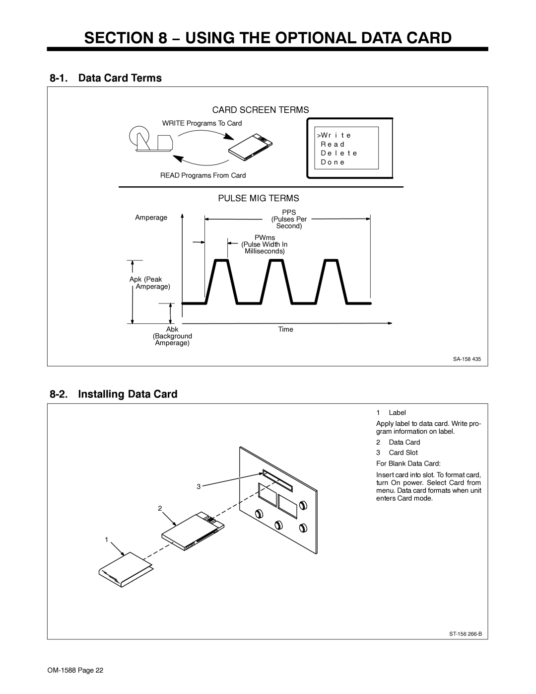 Miller Electric DS-64M Swingarc manual Using the Optional Data Card, Data Card Terms, Installing Data Card 