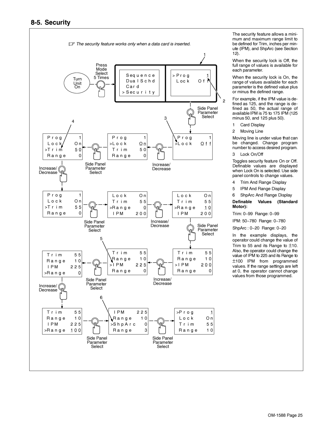 Miller Electric DS-64M Swingarc manual Security, Definable Values Standard, Motor 