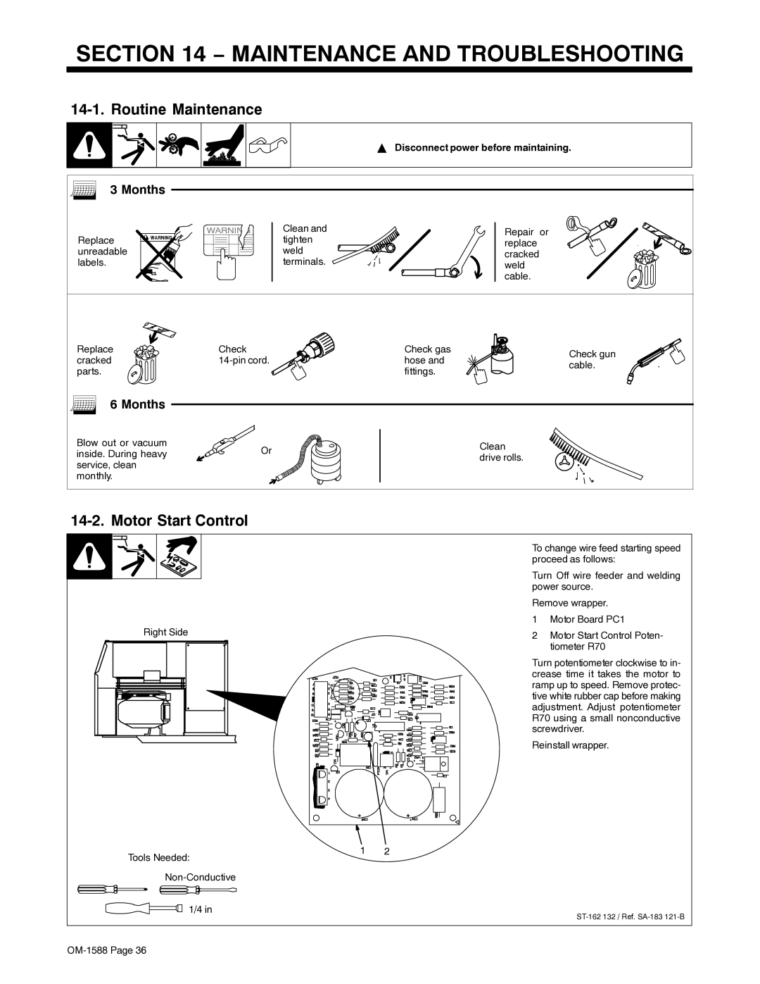 Miller Electric DS-64M Swingarc manual Maintenance and Troubleshooting, Routine Maintenance, Motor Start Control, Months 