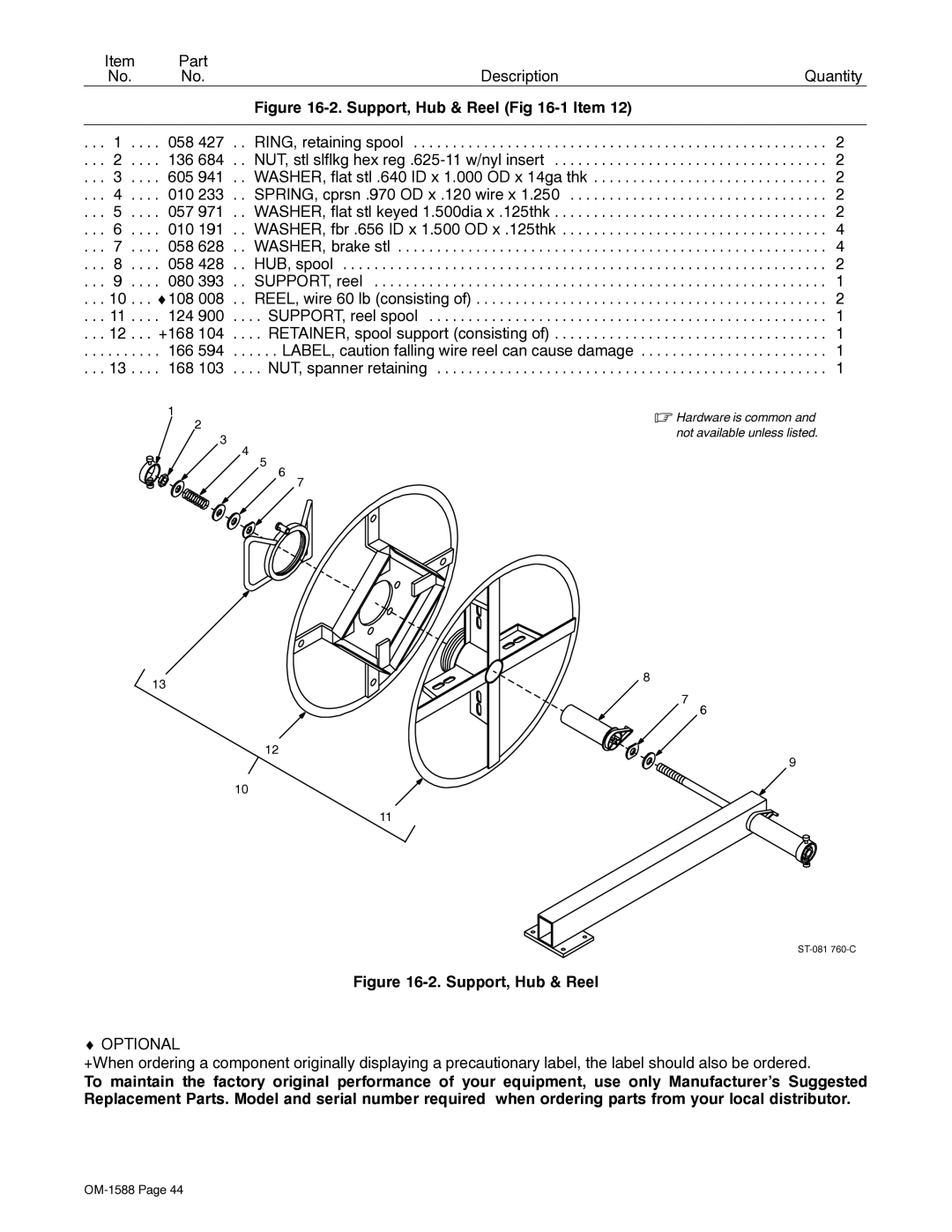 Miller Electric DS-64M Swingarc manual Support, Hub & Reel -1 Item 