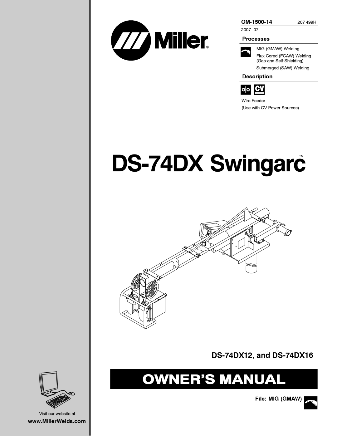 Miller Electric and DS-74DX16, DS-74DX12 manual OM-1500-14 207 499H, Processes, Description, File MIG Gmaw 