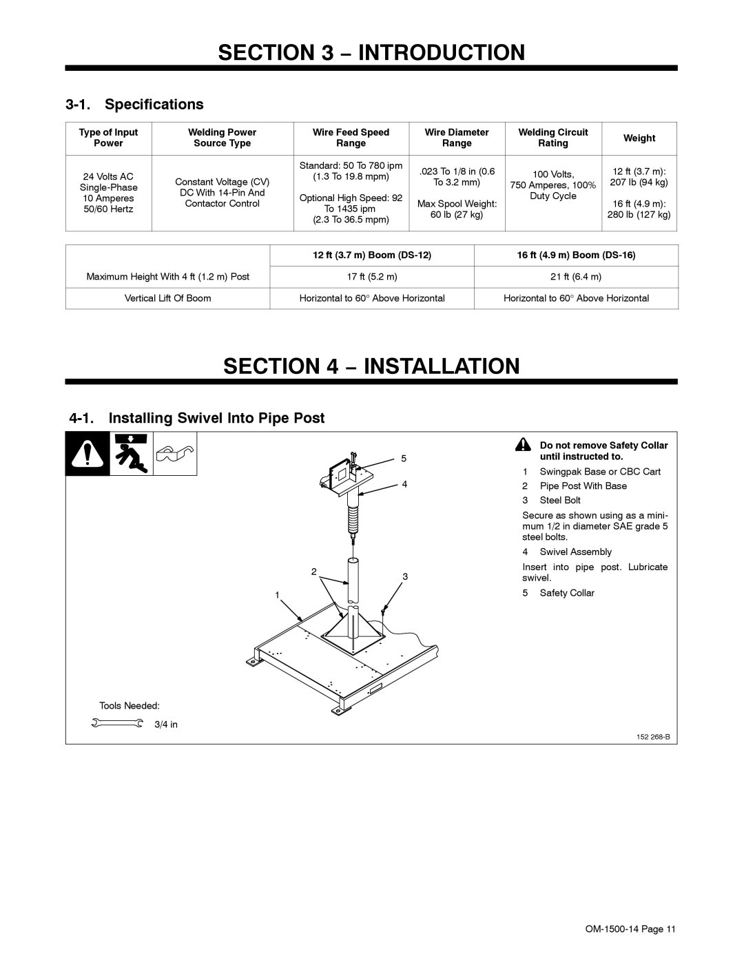 Miller Electric and DS-74DX16, DS-74DX12 manual Introduction, Installation, Specifications, Installing Swivel Into Pipe Post 