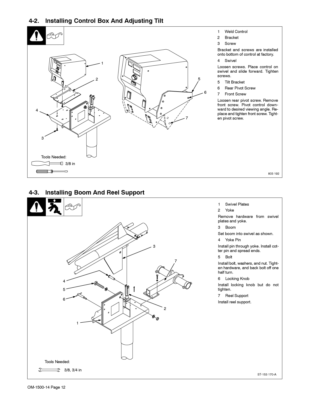 Miller Electric DS-74DX12, and DS-74DX16 manual Installing Control Box And Adjusting Tilt, Installing Boom And Reel Support 