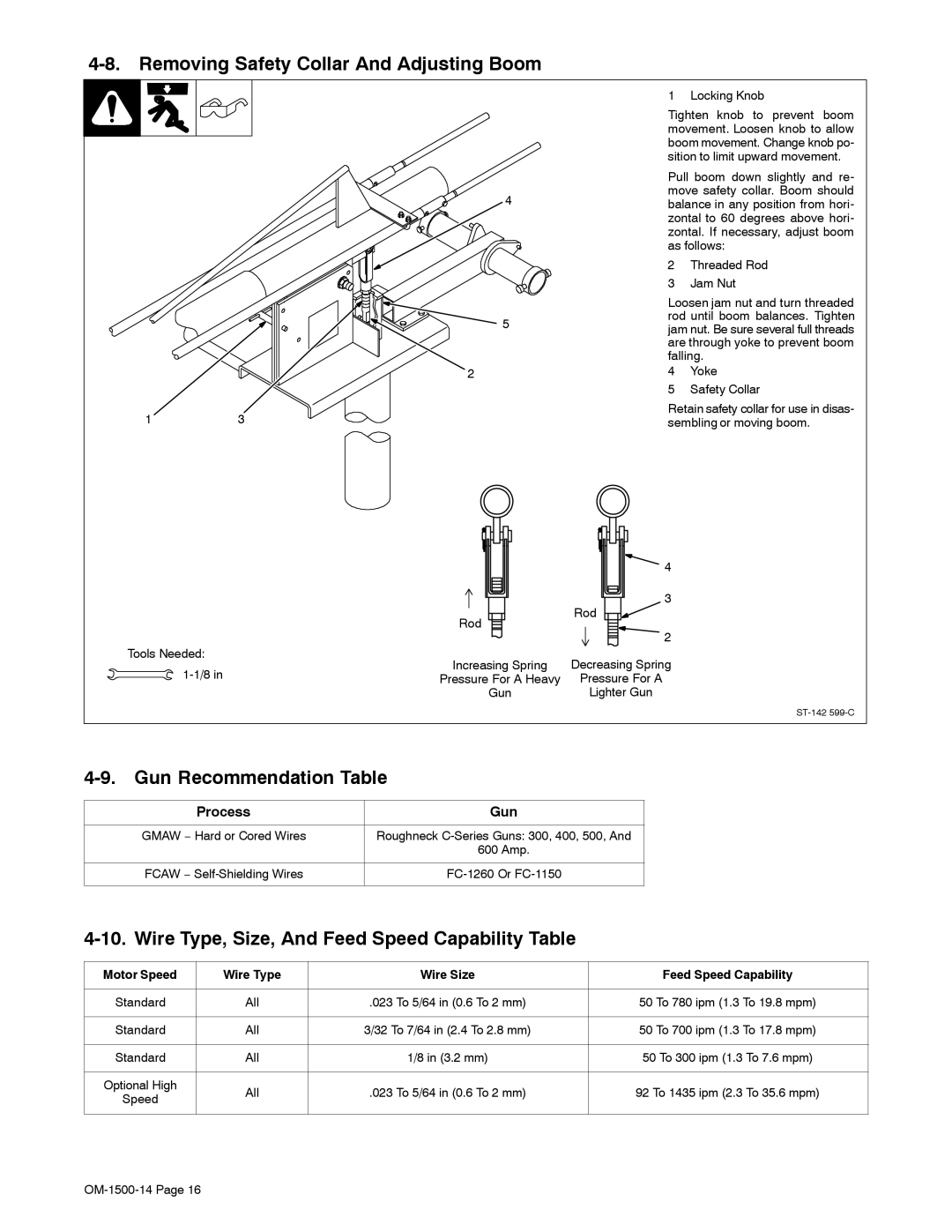 Miller Electric DS-74DX12, and DS-74DX16 manual Removing Safety Collar And Adjusting Boom, Gun Recommendation Table 