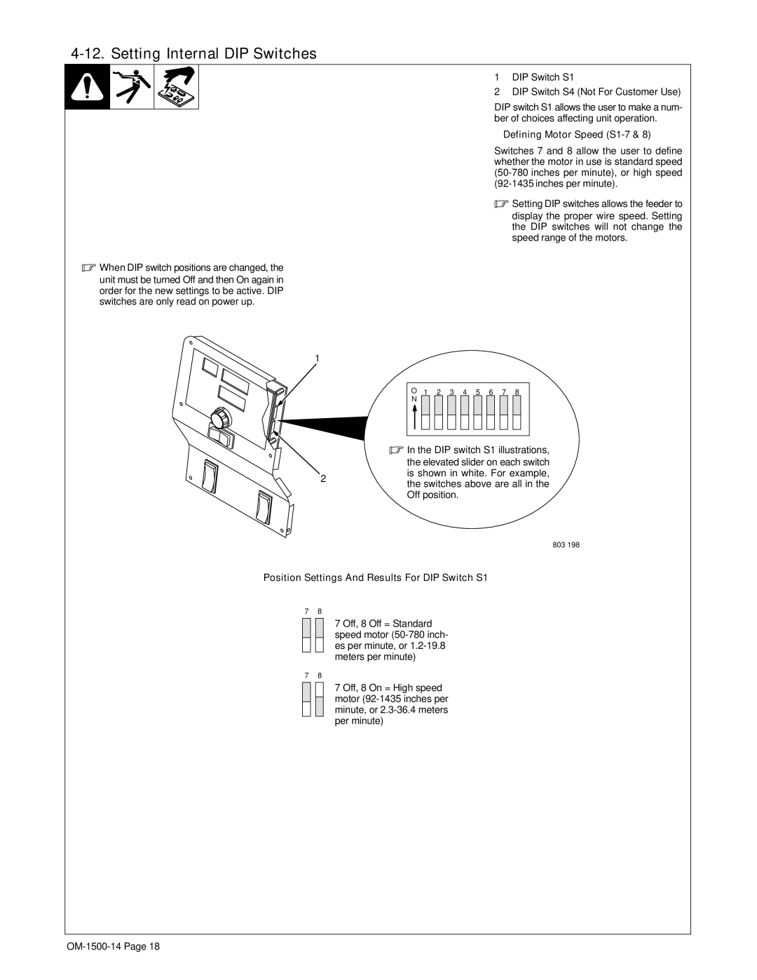 Miller Electric DS-74DX12 Setting Internal DIP Switches, When DIP switch positions are changed, Defining Motor Speed S1-7 