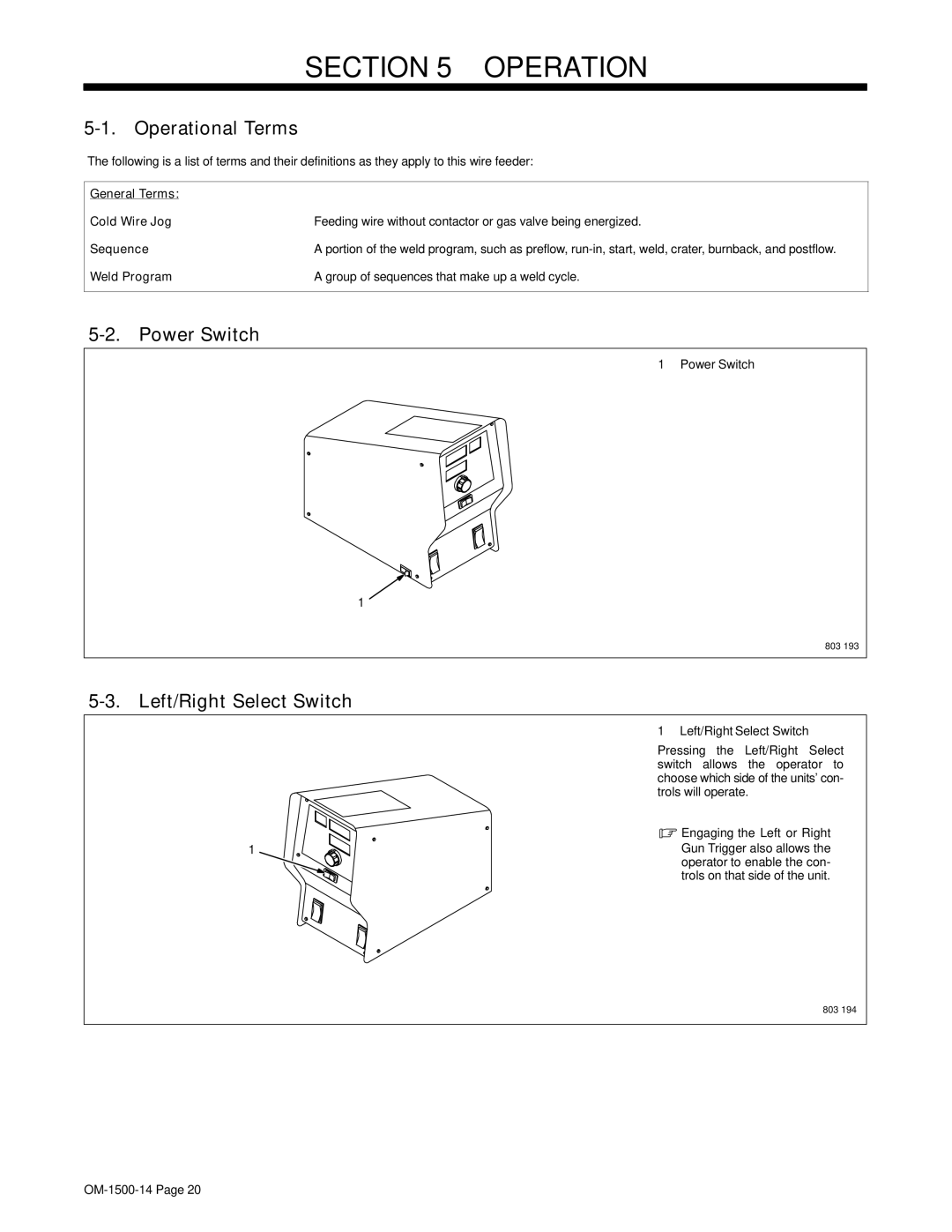 Miller Electric DS-74DX12, and DS-74DX16 manual Operational Terms, Power Switch, Left/Right Select Switch 