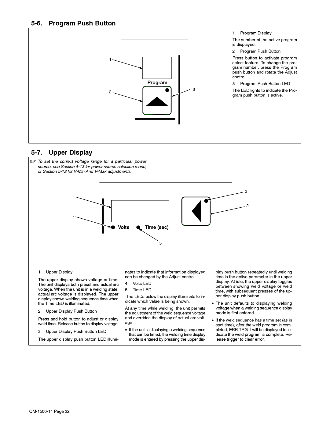 Miller Electric DS-74DX12 Program Push Button, Upper Display, To set the correct voltage range for a particular power 