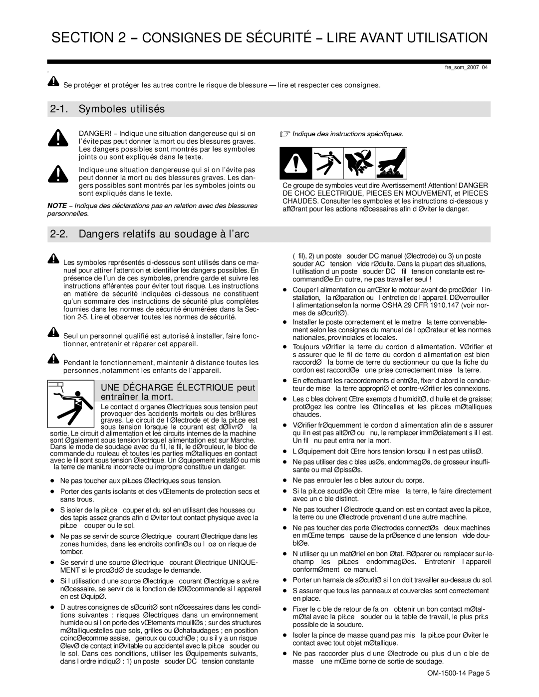 Miller Electric and DS-74DX16, DS-74DX12 manual Symboles utilisés, UNE Décharge Électrique peut entraîner la mort 