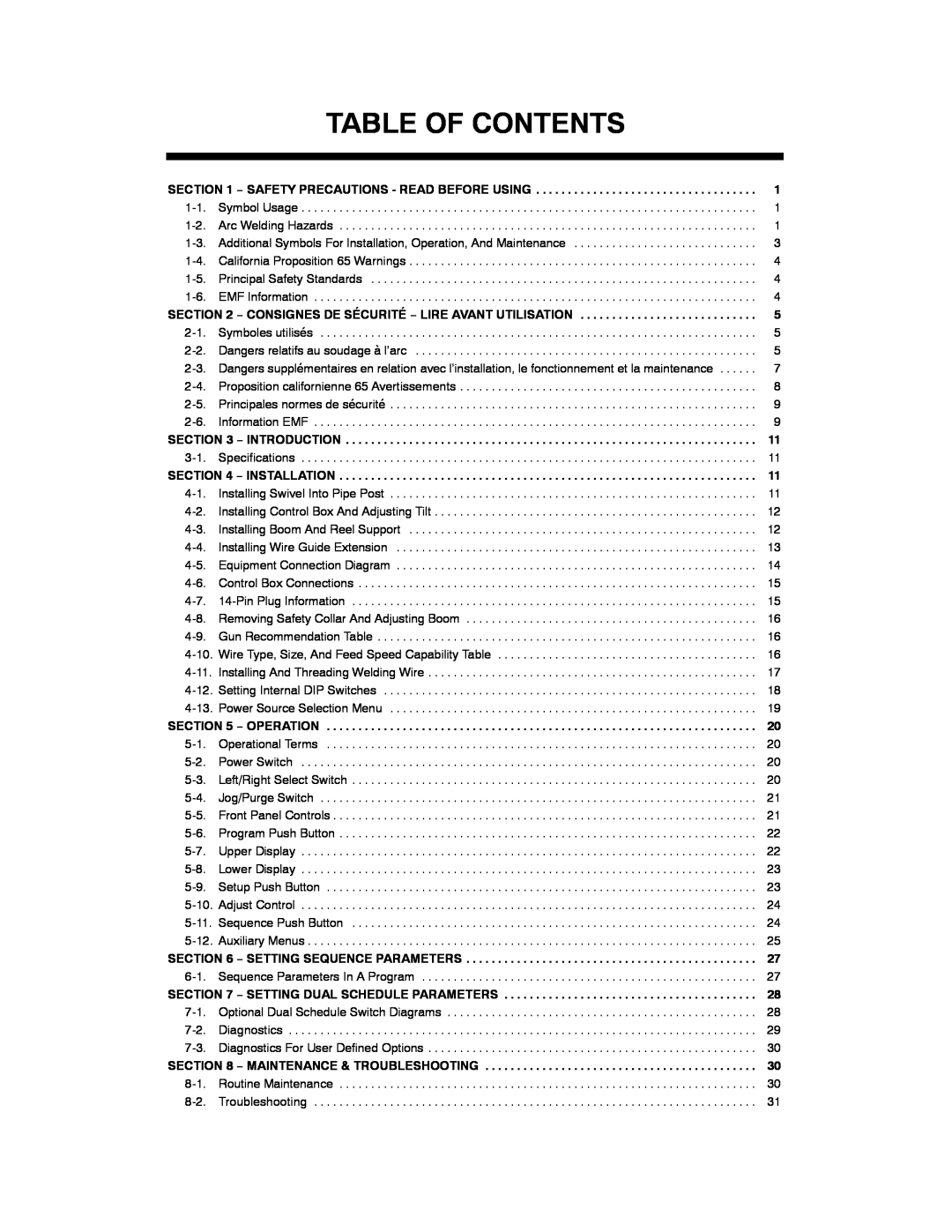 Miller Electric and DS-74DX16, DS-74DX12 manual Table Of Contents, Setting Sequence Parameters 