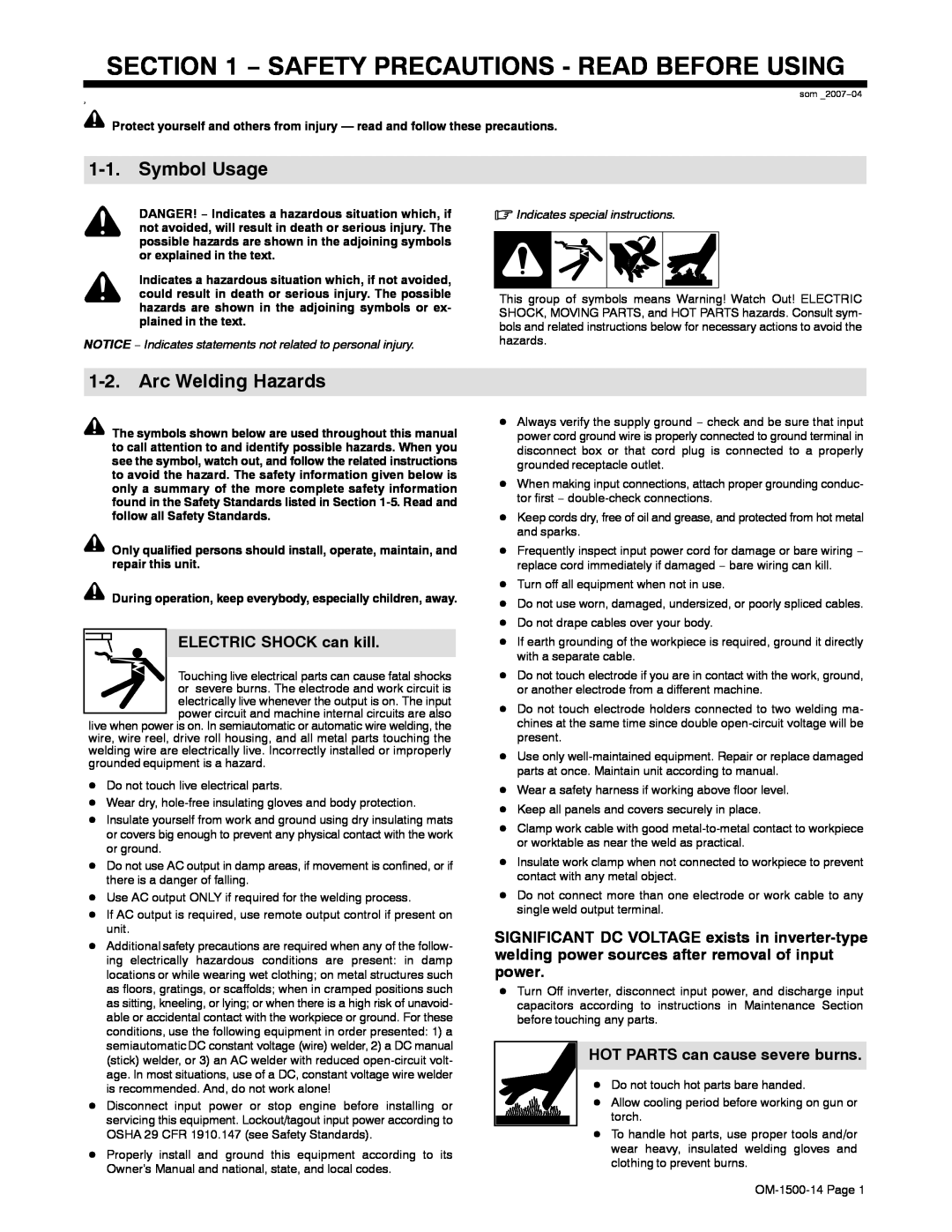 Miller Electric and DS-74DX16, DS-74DX12 manual Safety Precautions - Read Before Using, Symbol Usage, Arc Welding Hazards 