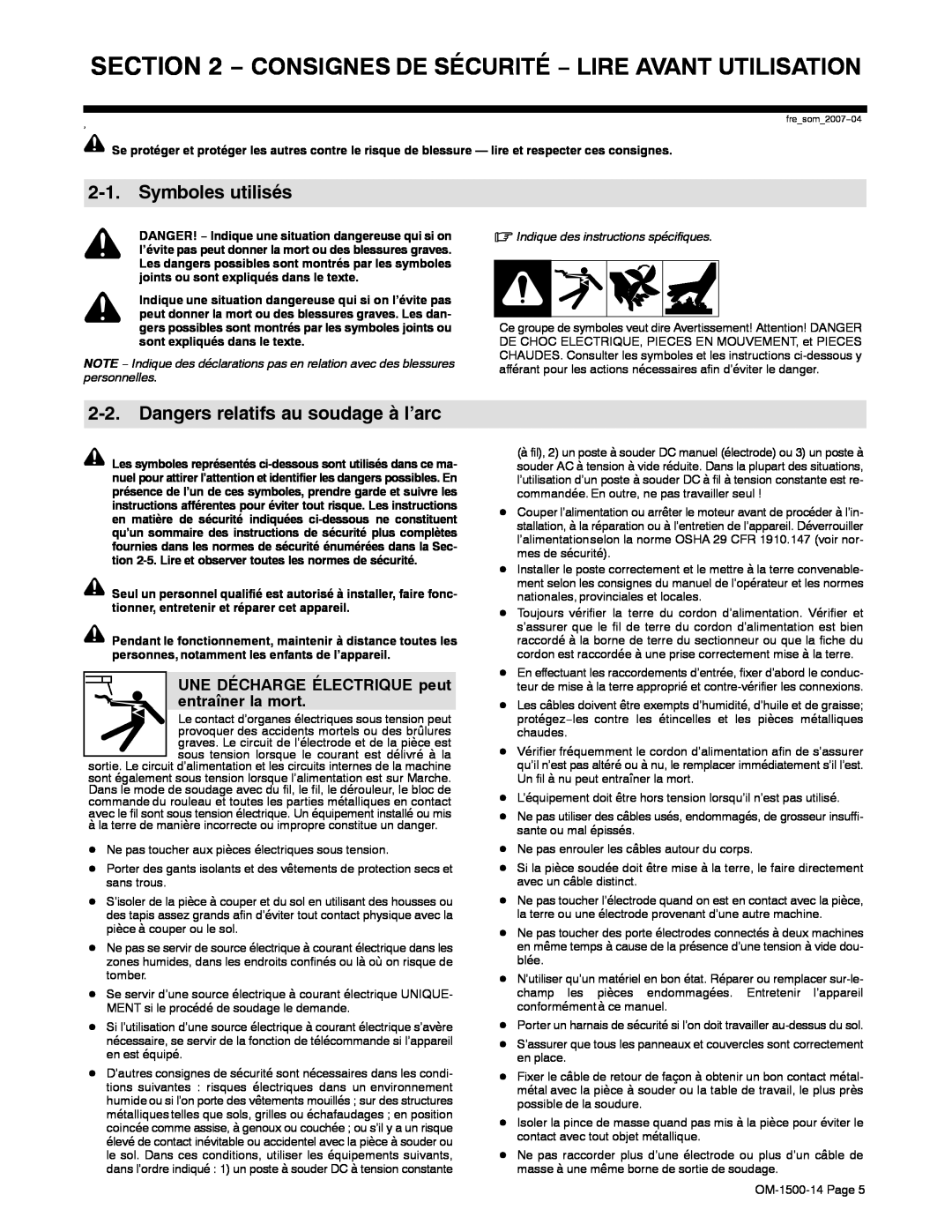 Miller Electric and DS-74DX16, DS-74DX12 manual Symboles utilisés, Dangers relatifs au soudage à l’arc 
