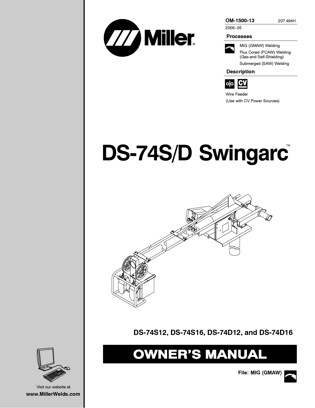 Miller Electric DS-74S16, DS-74S12, DS-74D12, and DS-74D16 manual OM-1500-13 207 494H, Processes, Description, File MIG Gmaw 