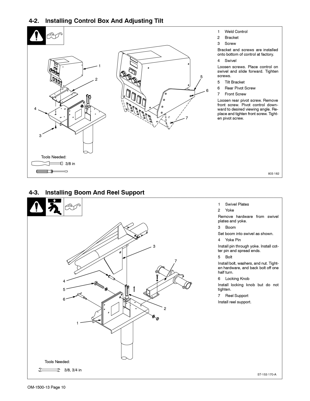 Miller Electric DS-74D12, DS-74S12, DS-74S16 Installing Control Box And Adjusting Tilt, Installing Boom And Reel Support 