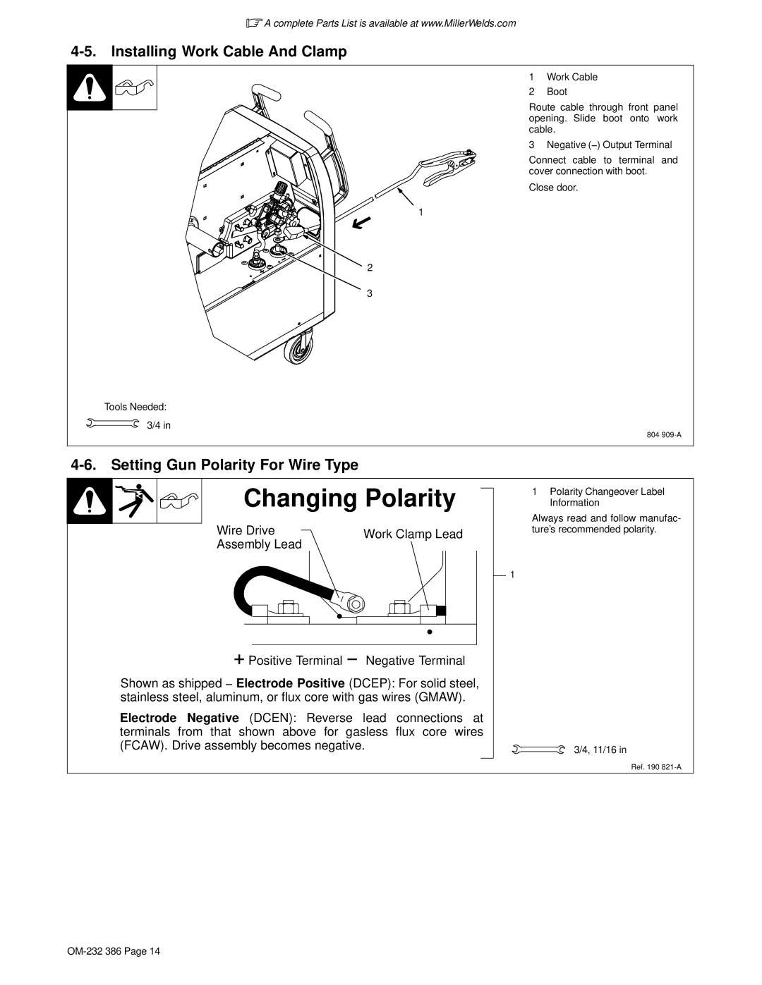 Miller Electric DVI-2 R manual Installing Work Cable And Clamp, Setting Gun Polarity For Wire Type, 11/16 