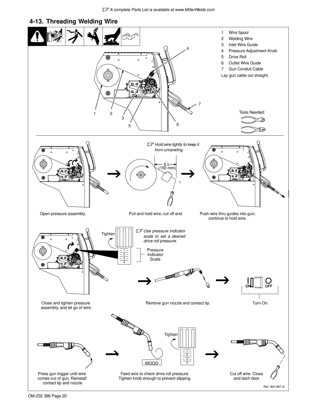 Miller Electric DVI-2 R manual Threading Welding Wire, Pressure, Scale, Remove gun nozzle and contact tip 