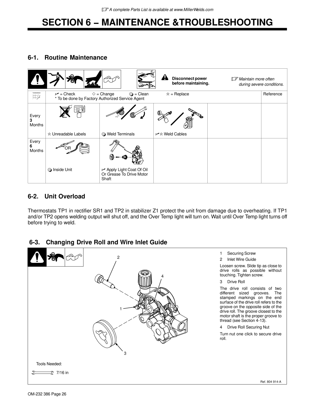 Miller Electric DVI-2 R manual Maintenance &TROUBLESHOOTING, Routine Maintenance, Unit Overload 