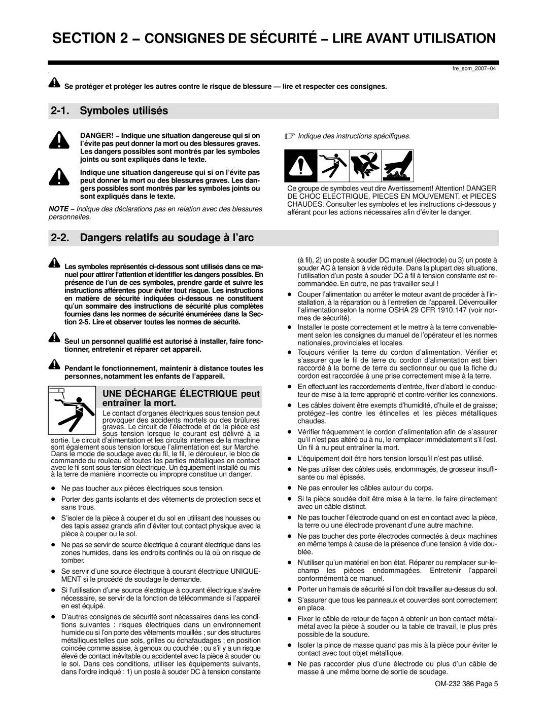 Miller Electric DVI-2 R manual Symboles utilisés, UNE Décharge Électrique peut entraîner la mort 