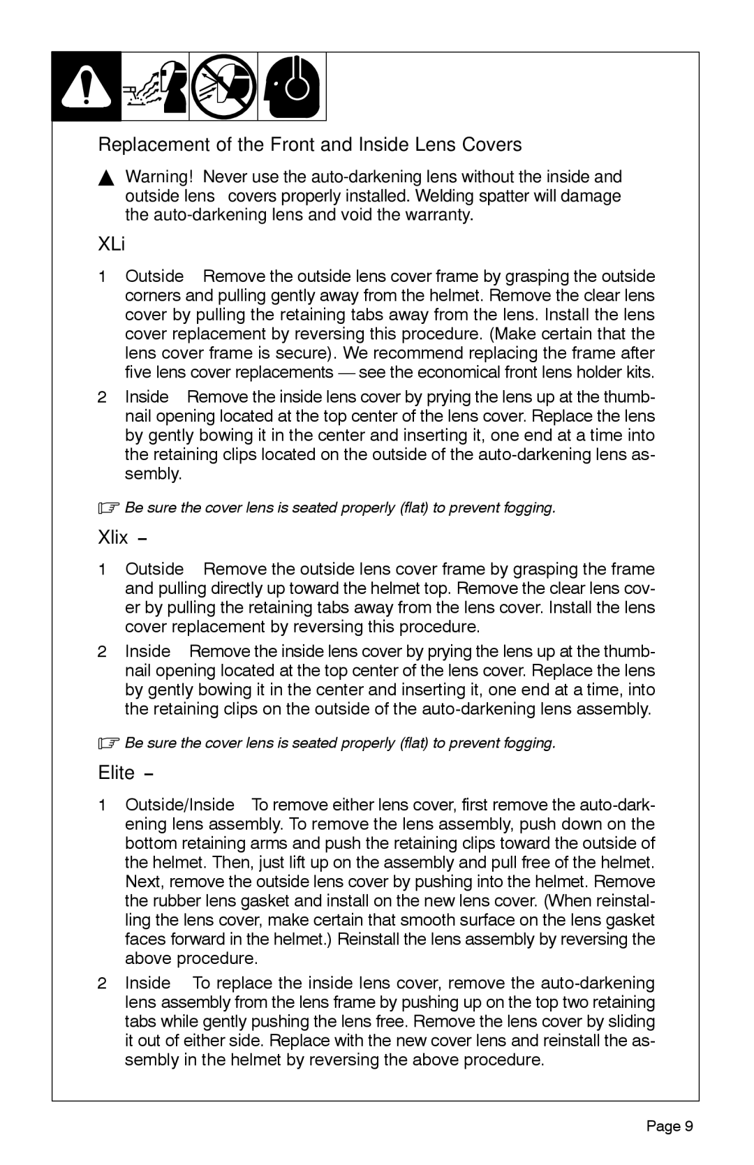 Miller Electric XLix, Elitet manual Replacement of the Front and Inside Lens Covers XLi, Xlix 