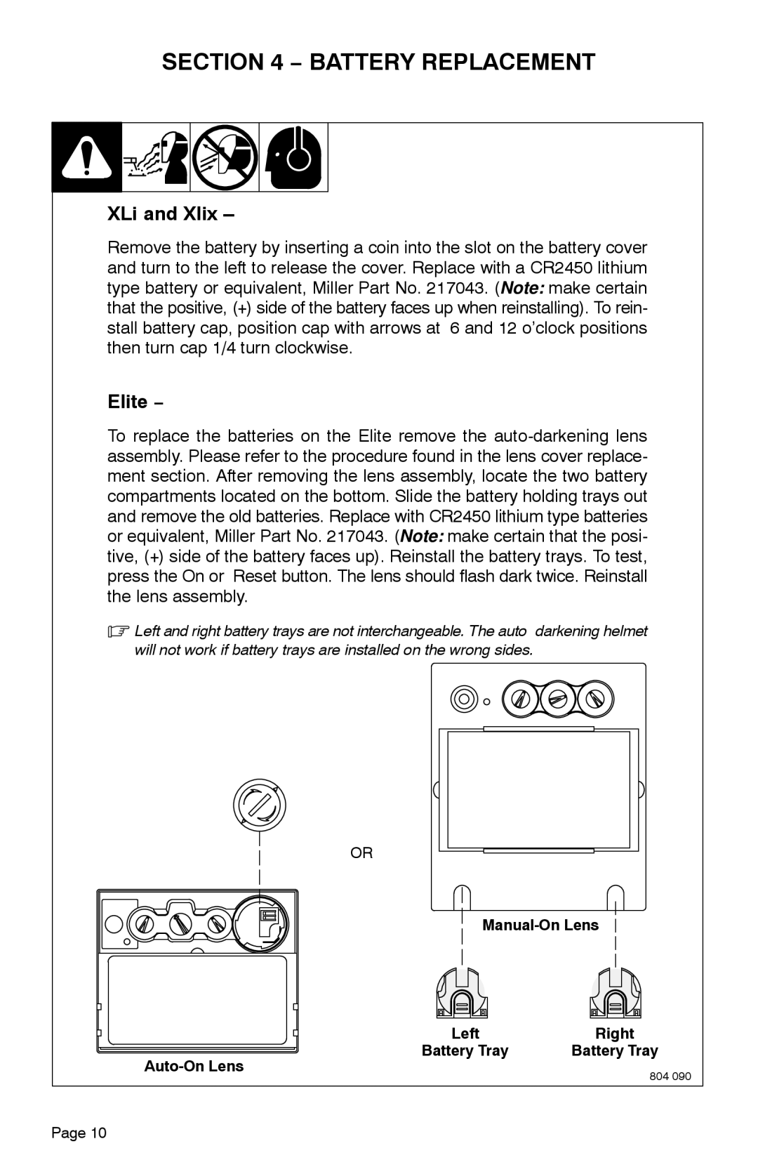 Miller Electric Elitet, XLix manual Battery Replacement, XLi and Xlix 