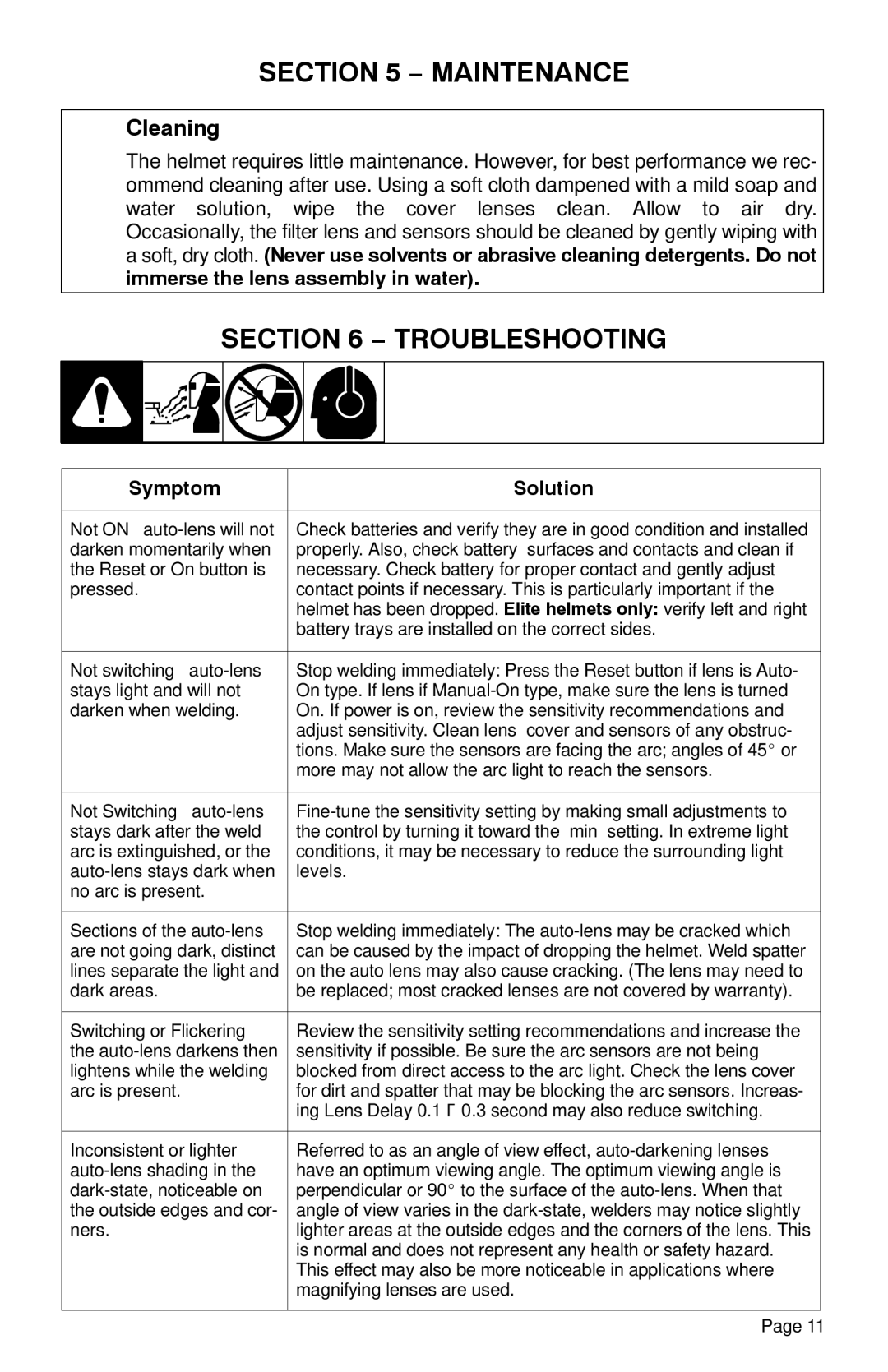 Miller Electric Elitet, XLix manual Maintenance, Troubleshooting, Cleaning, Symptom Solution 