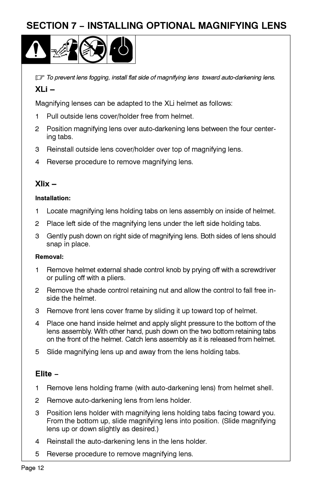 Miller Electric XLix, Elitet manual Installing Optional Magnifying Lens, Xlix 