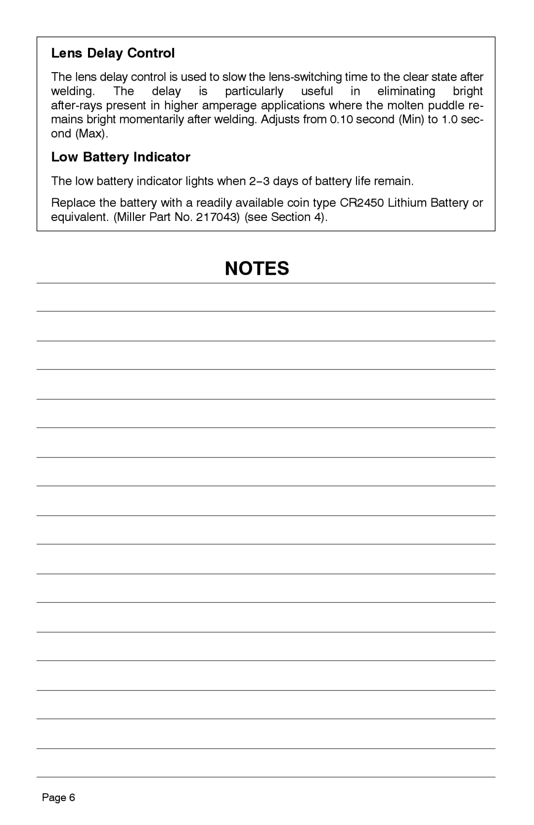 Miller Electric XLix, Elitet manual Lens Delay Control, Low Battery Indicator 