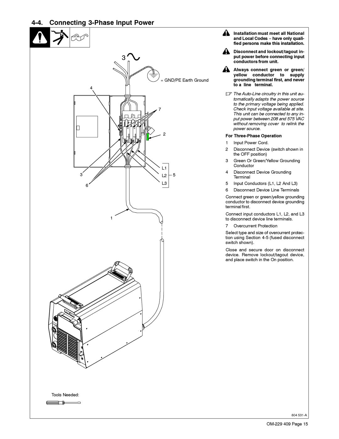 Miller Electric EXTREME 360 manual Connecting 3-Phase Input Power 