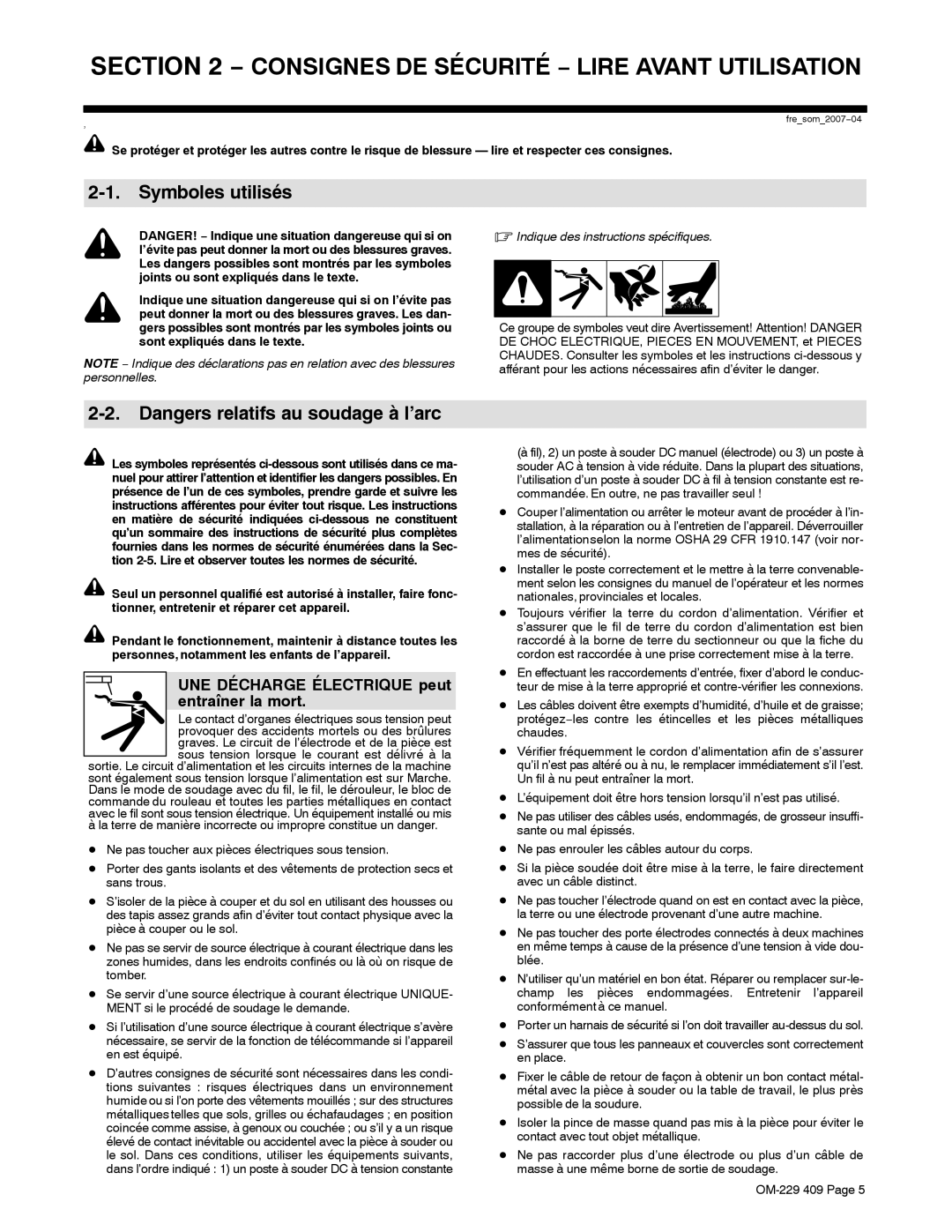 Miller Electric EXTREME 360 manual Symboles utilisés, UNE Décharge Électrique peut entraîner la mort 