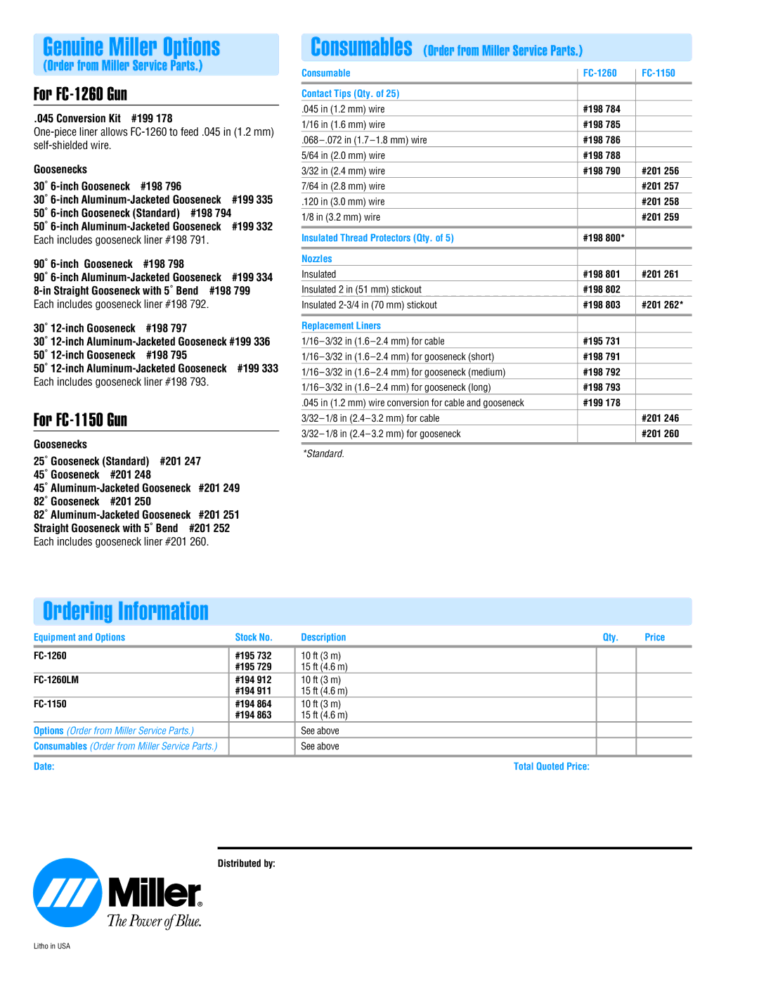 Miller Electric (FCAW-SS) specifications FC-1260 Gun, For FC-1150 Gun 