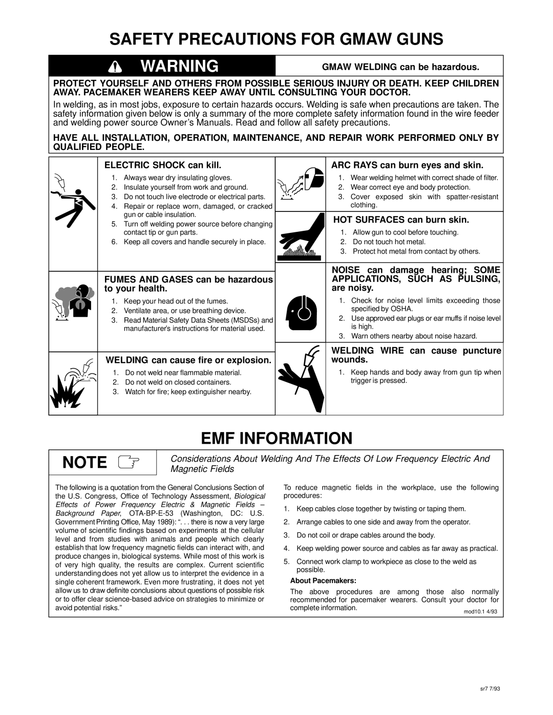 Miller Electric GA-16C1 manual Safety Precautions for Gmaw Guns, EMF Information 