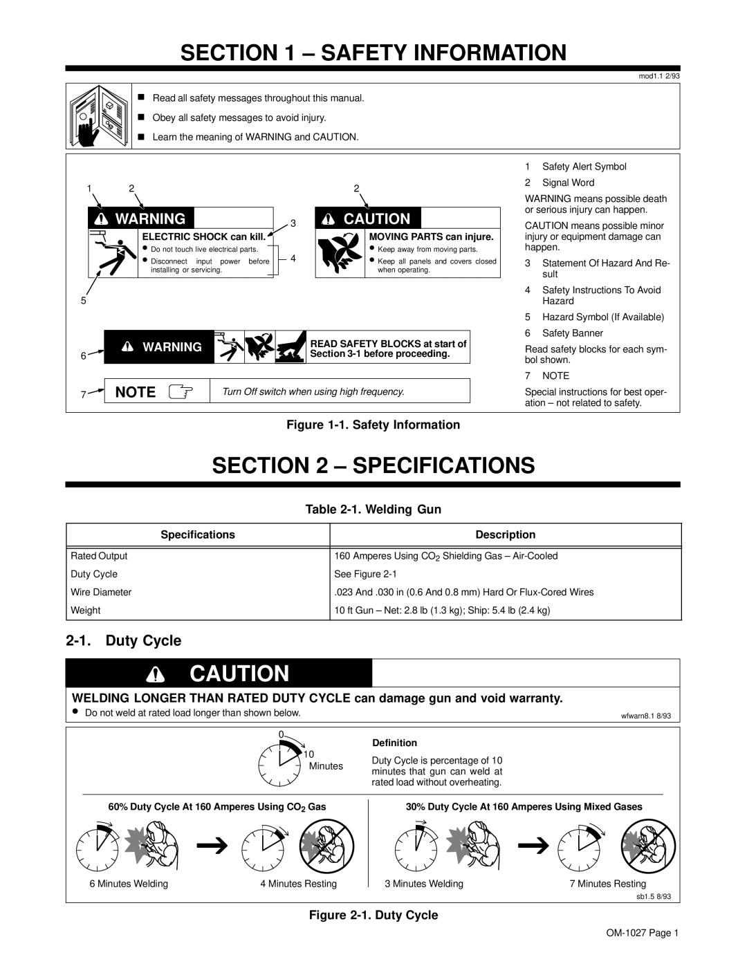 Miller Electric GA-16C1 manual Safety Information, Specifications, Duty Cycle, Welding Gun 