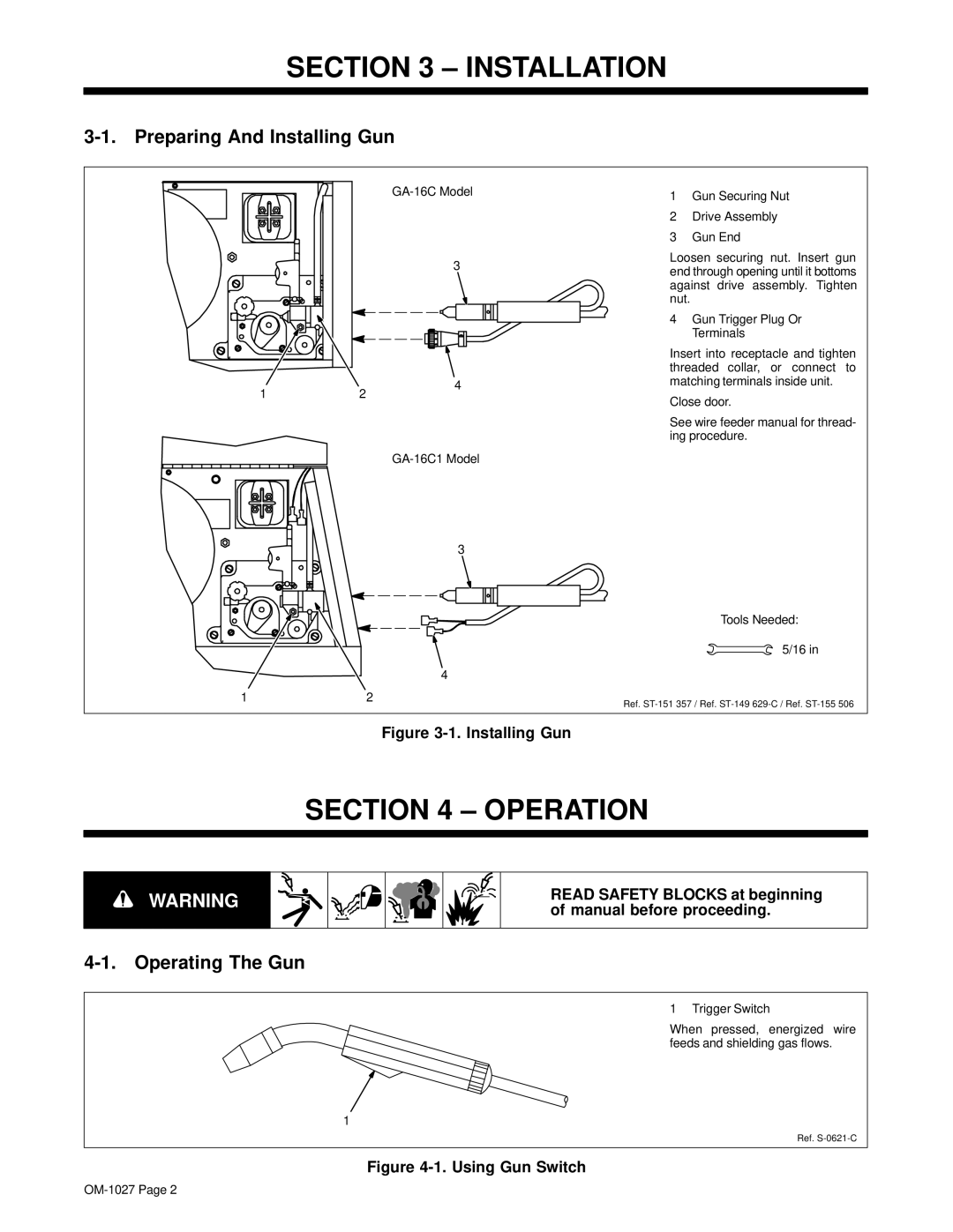 Miller Electric GA-16C1 manual Installation, Operation, Preparing And Installing Gun, Operating The Gun 