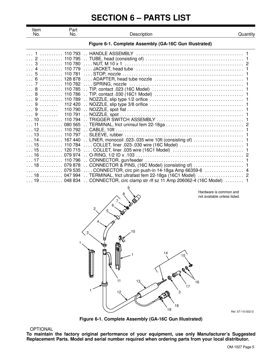 Miller Electric GA-16C1 manual Parts List, Complete Assembly GA-16C Gun Illustrated 