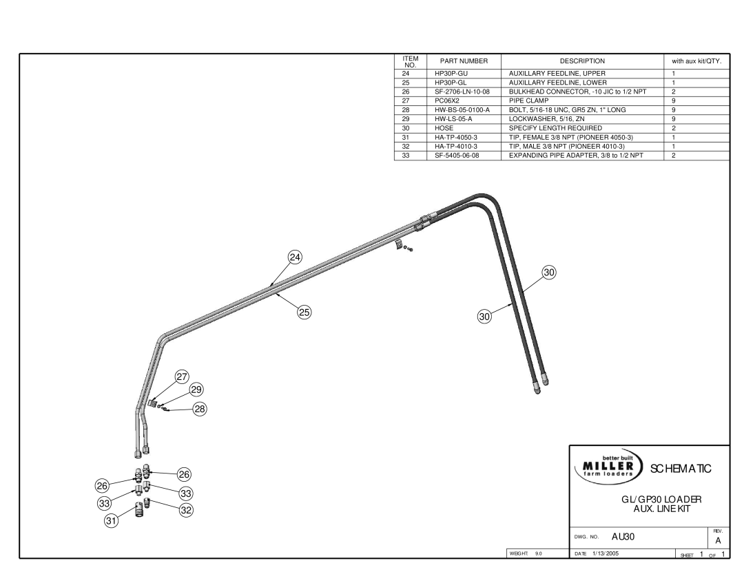 Miller Electric owner manual GL/GP30 Loader AUX. Line KIT, TIP, Female 3/8 NPT Pioneer 